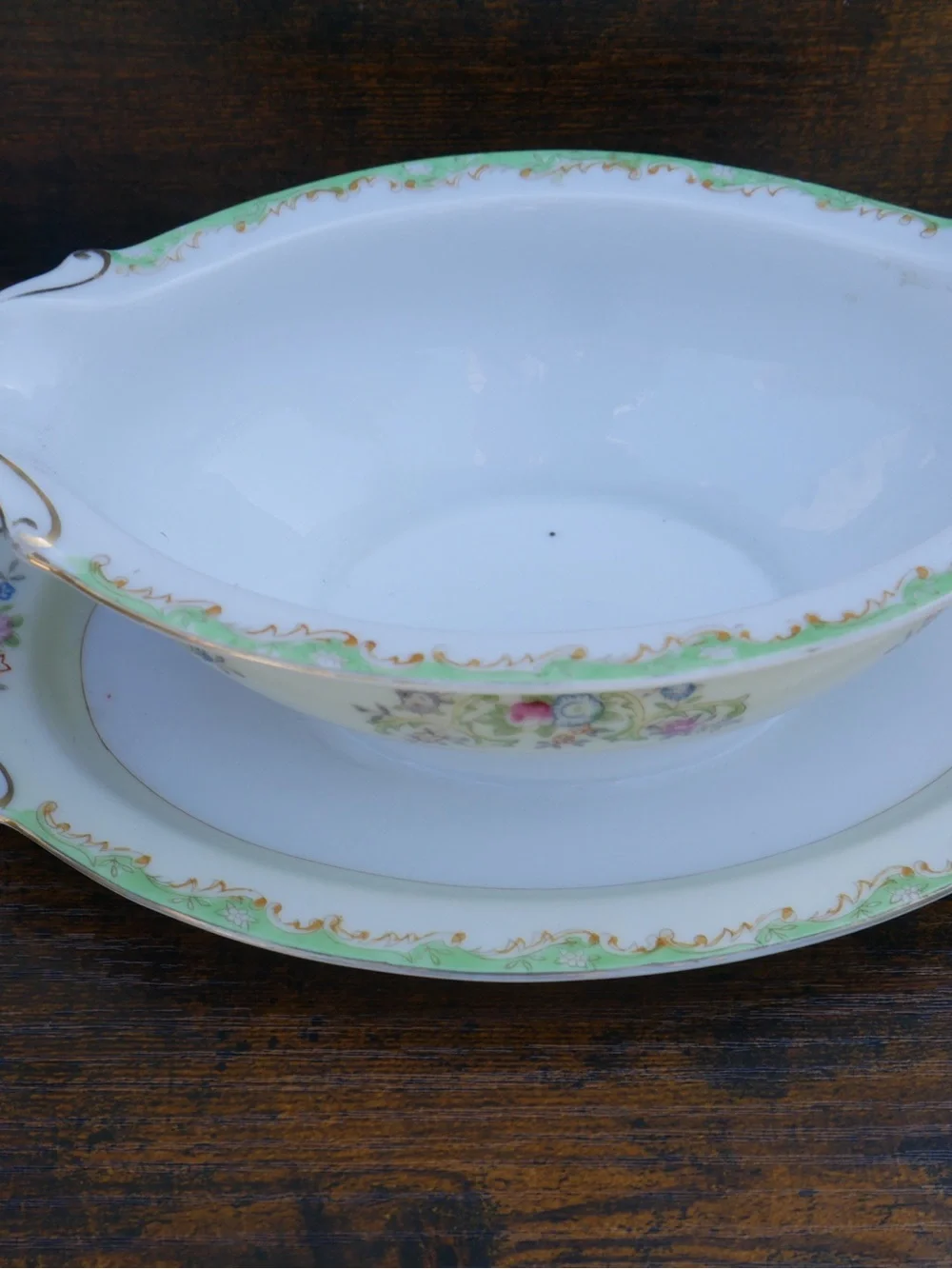 Noritake White Gravy Boat with Green Trim and Floral Band
